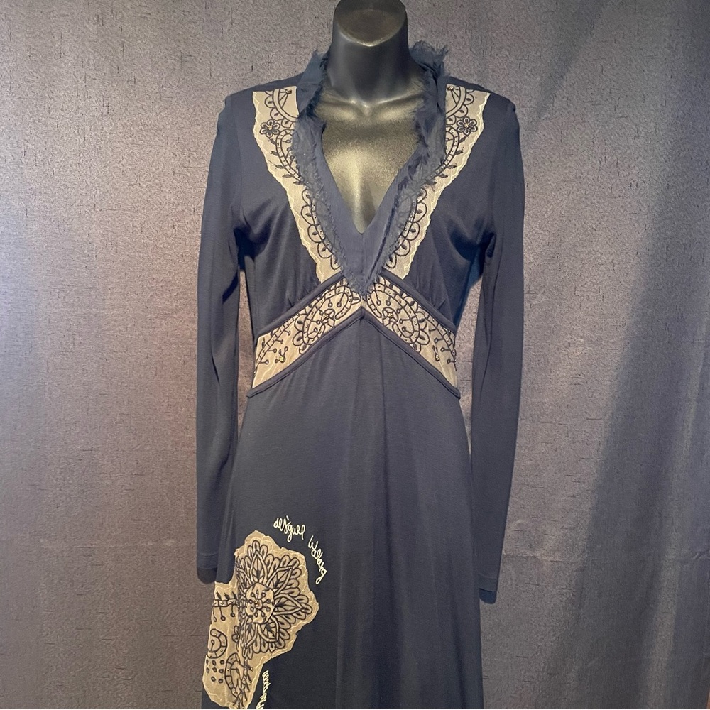 Desigual V Neck Empire Waist Black Jersey Dress Beadwork & Embroidery Medium